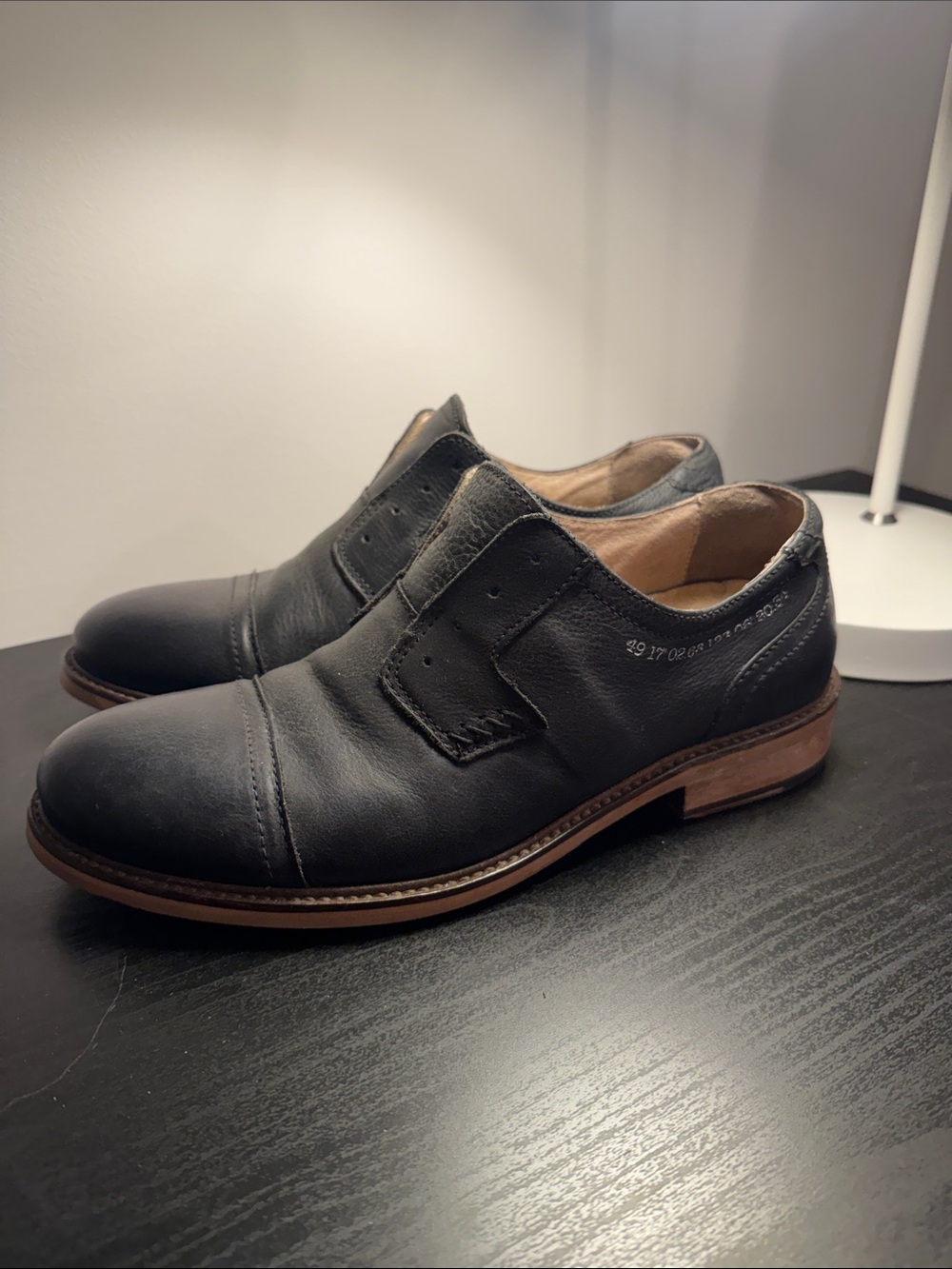 John Fluevog Black Leather Oxfords with Tan Sole